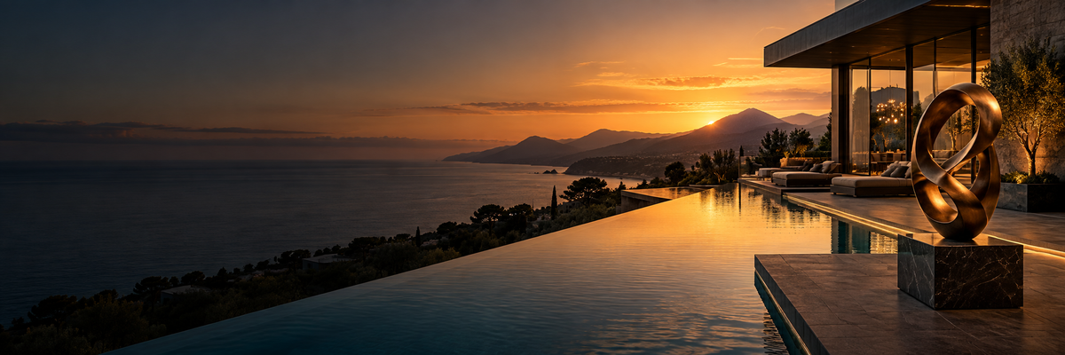 Infinity pool and sculpture terrace overlooking the coast at sunset.