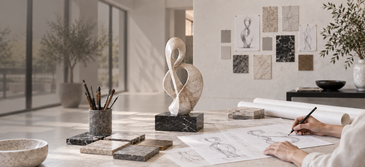 Sculpture models, sketches and drawing tools in a bright design workspace.