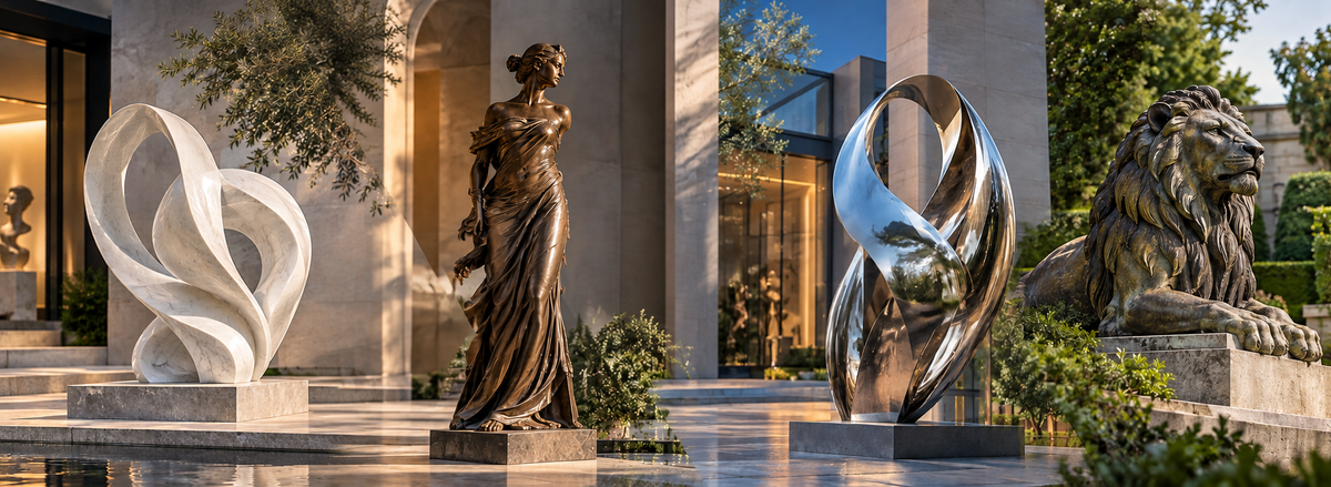 Luxury abstract marble sculpture displayed in an elegant contemporary gallery courtyard.