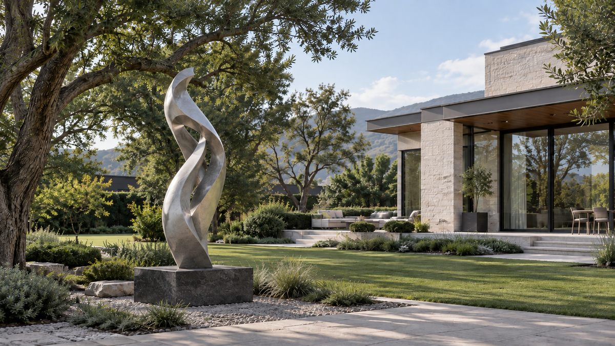 Abstract reflective sculpture on a stone pedestal beside a landscaped home.