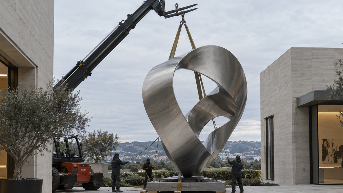 Crane lifting a large abstract metal sculpture outside a modern building.