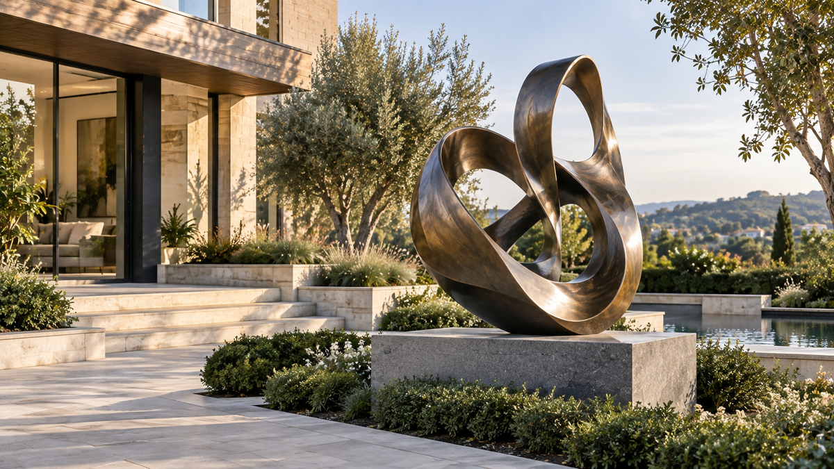 Bronze abstract loop sculpture on a pedestal in an outdoor courtyard.