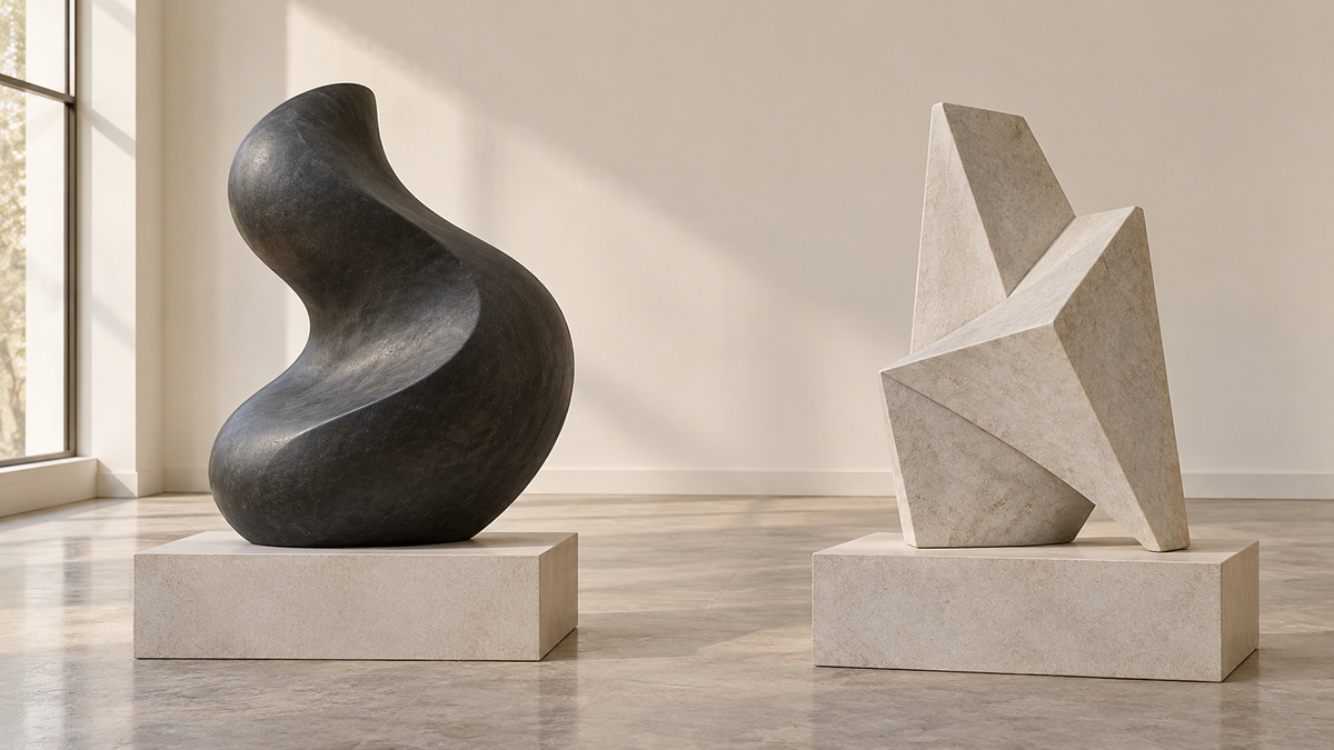 A dark curved abstract sculpture and a pale angular sculpture on separate low rectangular plinths in a sunlit gallery.