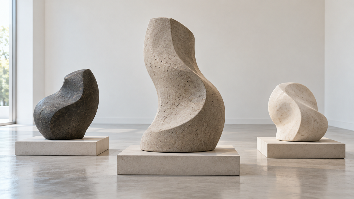 Three curved abstract sculptures on separate low rectangular plinths, with a taller warm-gray form between a dark form and a pale form.