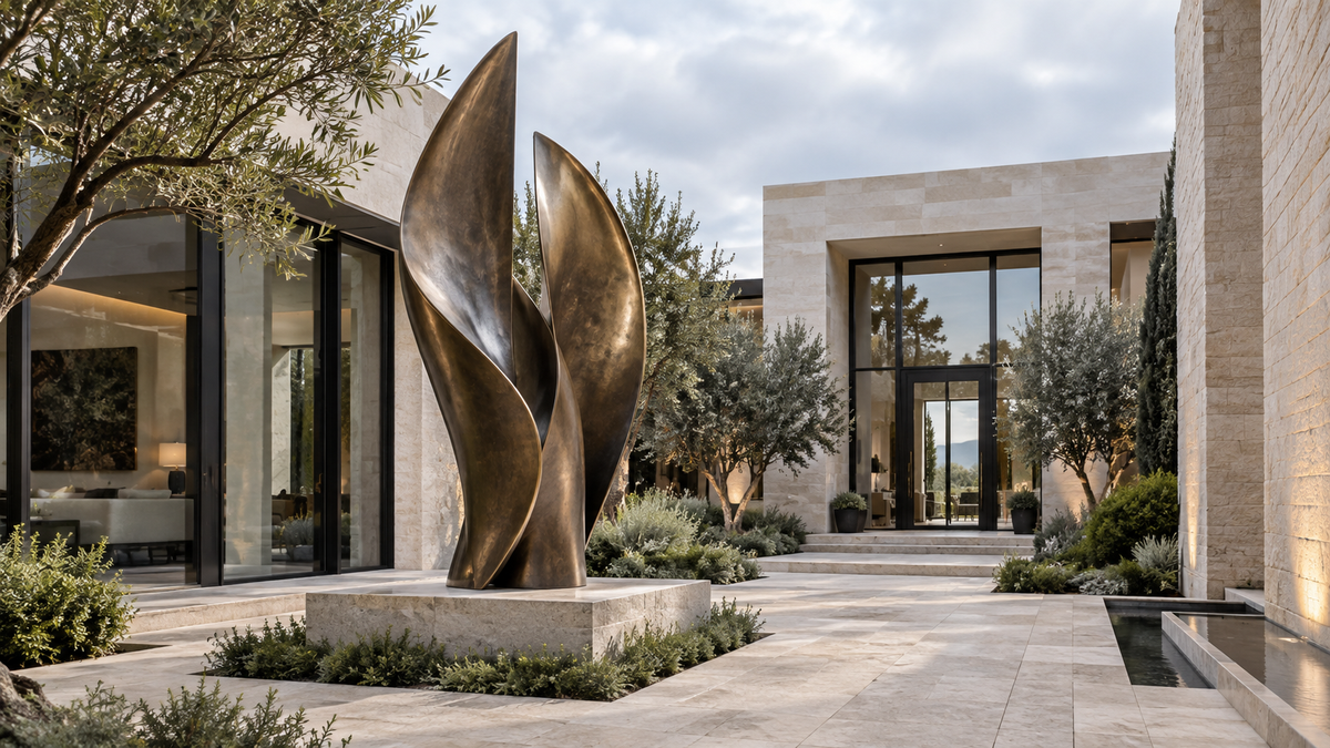 Large angular bronze sculpture near a landscaped home entrance.