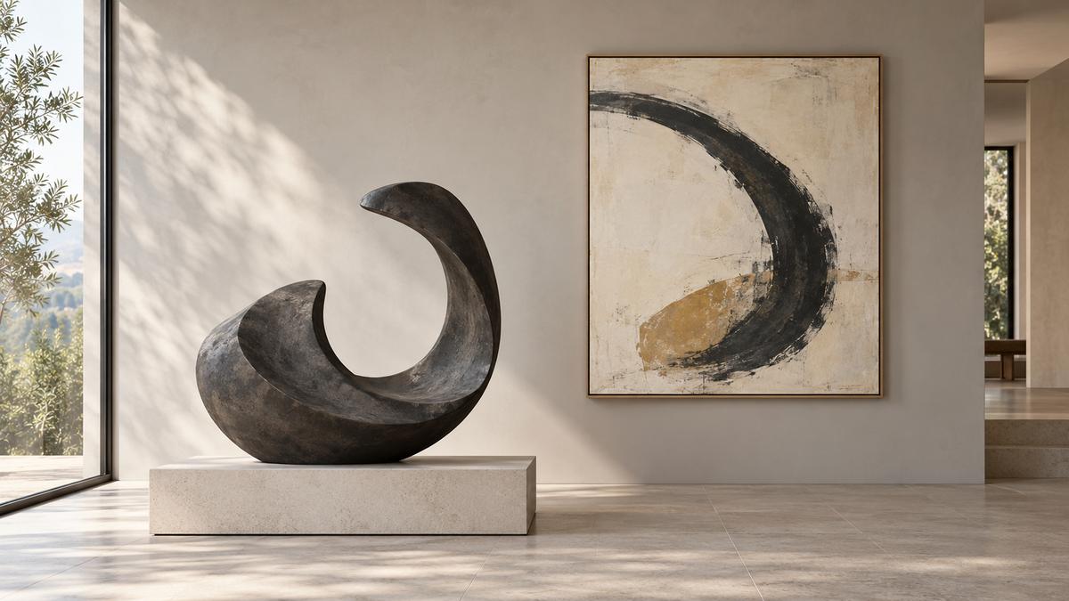 A dark curved sculpture on a low rectangular plinth beside a framed abstract painting with a broad dark curve and a muted ochre area.