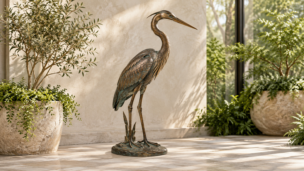 Brown and green heron sculpture with a long beak and two legs on an oval base.