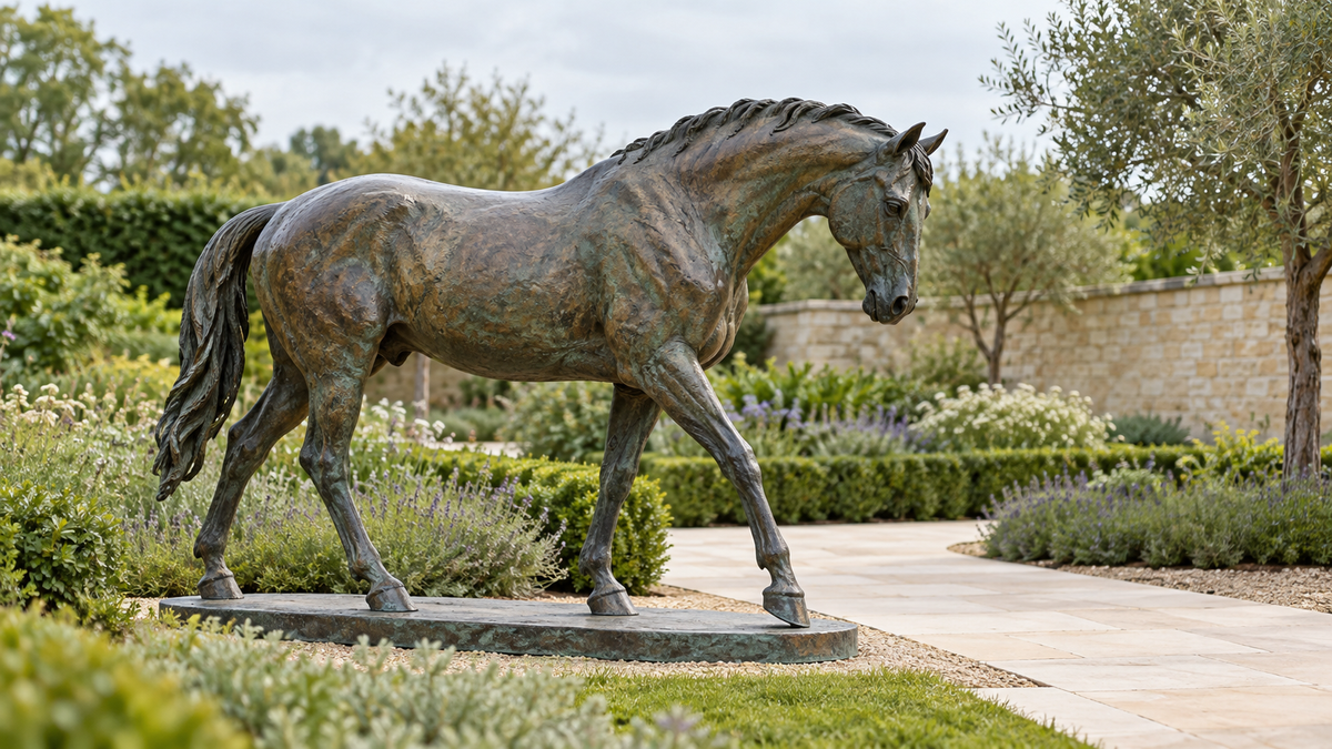 Green-brown horse sculpture in a walking pose on a low oval base beside a pale garden path.