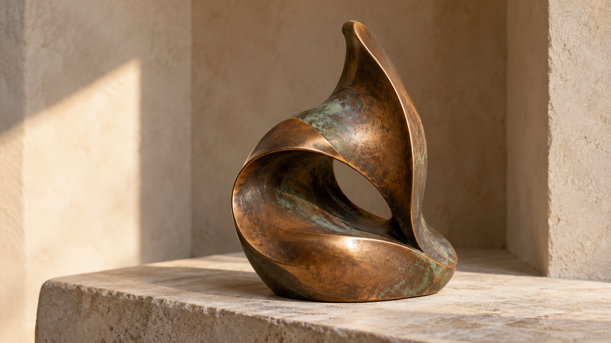 Curved abstract sculpture with warm brown and green surface tones on a pale stone ledge.