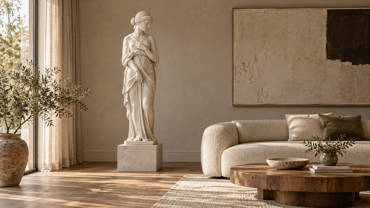 Pale draped standing figure on a square pedestal beside a modern sofa in a bright living room.
