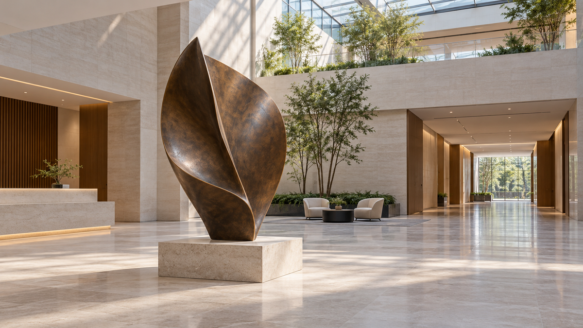 Brown folded leaf-shaped sculpture on a low rectangular plinth in a bright atrium, with a desk, seating, and a wide corridor.