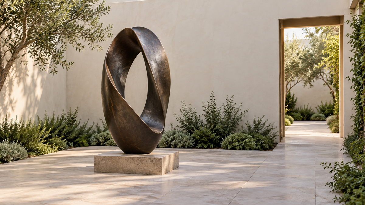 Dark oval abstract sculpture on a low stone base in a walled courtyard beside planting and an open passage.