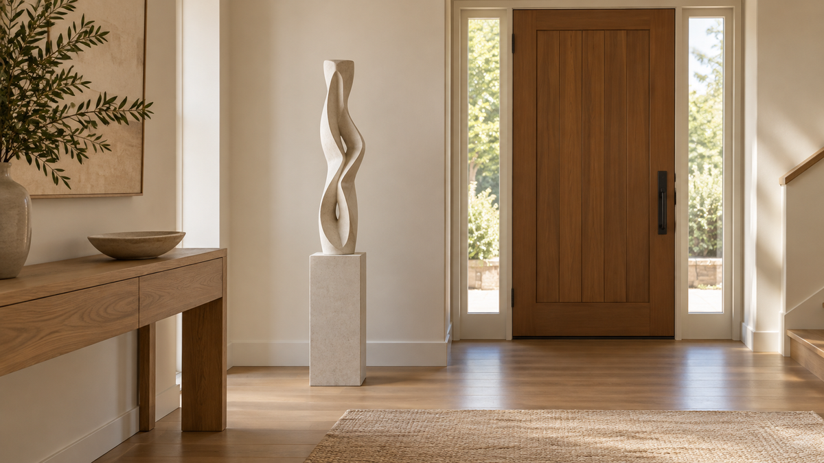 Pale twisting sculpture on a pedestal beside a wood console and front door in a bright entry hall.