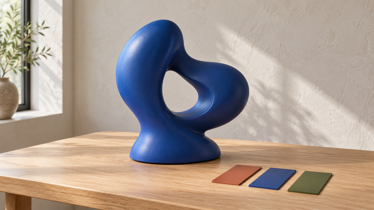 Blue rounded abstract sculpture on a light wood table with three plain colored swatches.