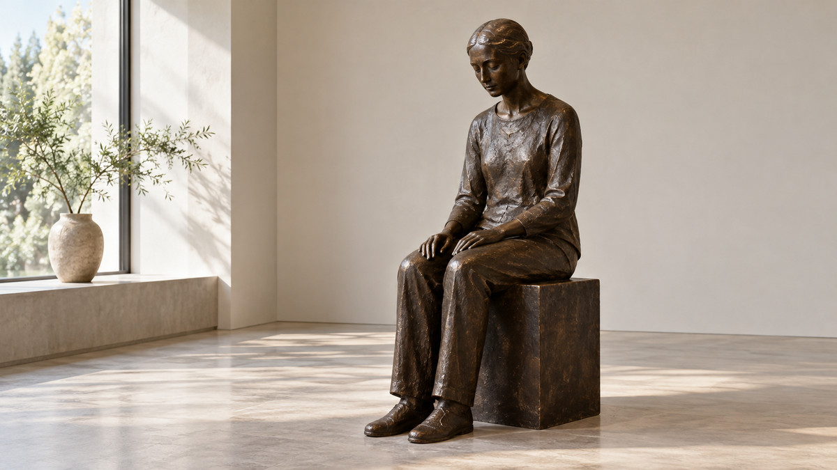 Dark seated figure sculpture with hands resting on its thighs on an integrated block seat.