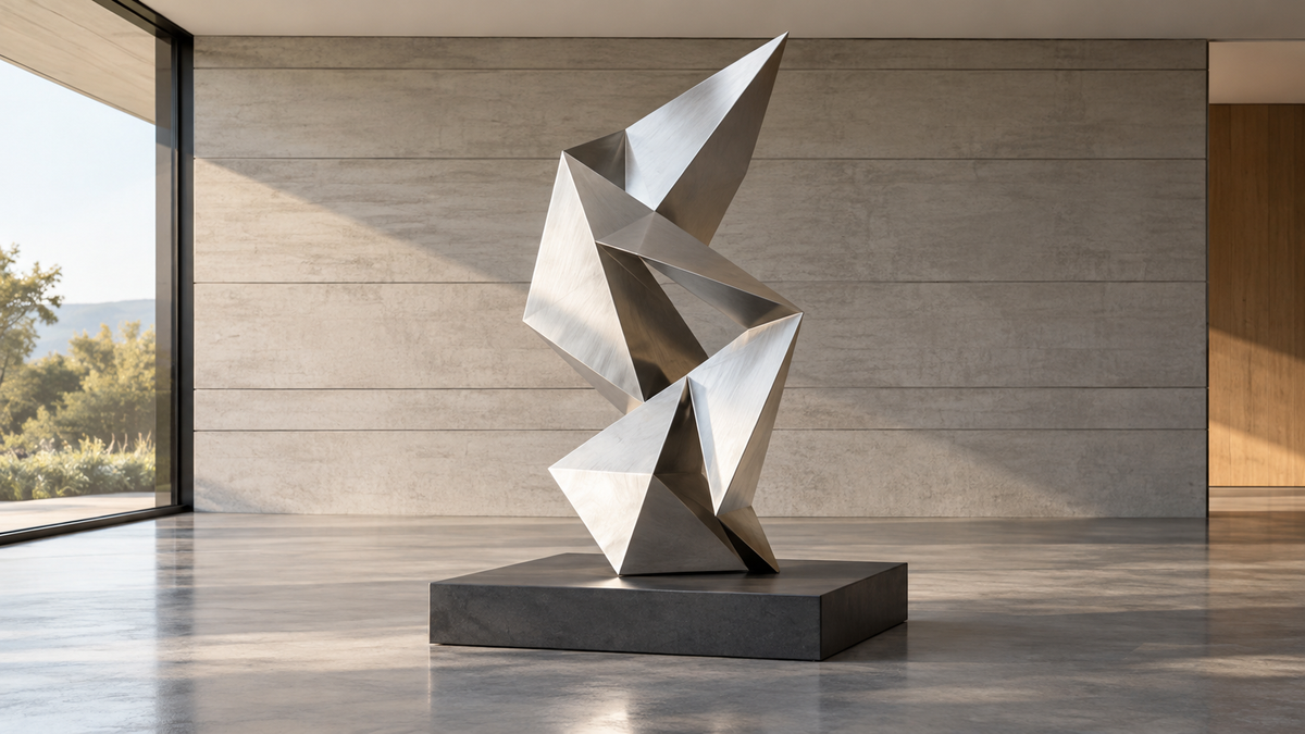 Silver-colored angular geometric sculpture on a low dark plinth against a wall with horizontal lines.