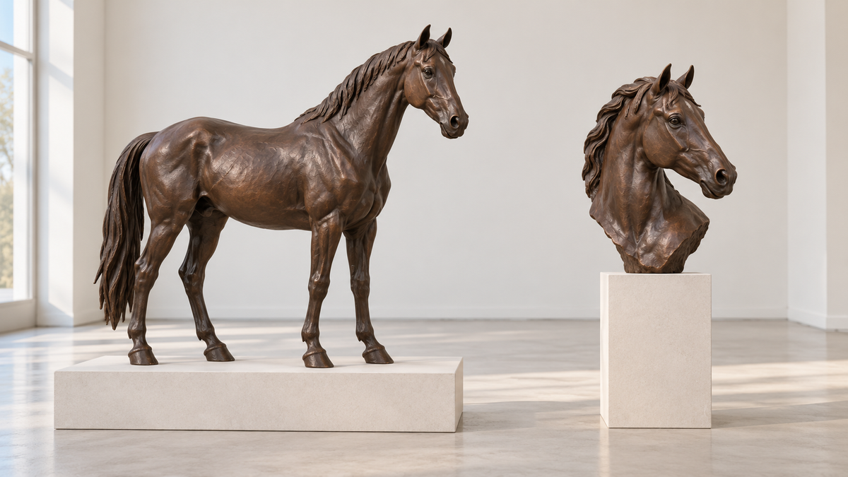Brown full-figure horse sculpture and a horse-head bust on separate pale rectangular plinths in a bright gallery.