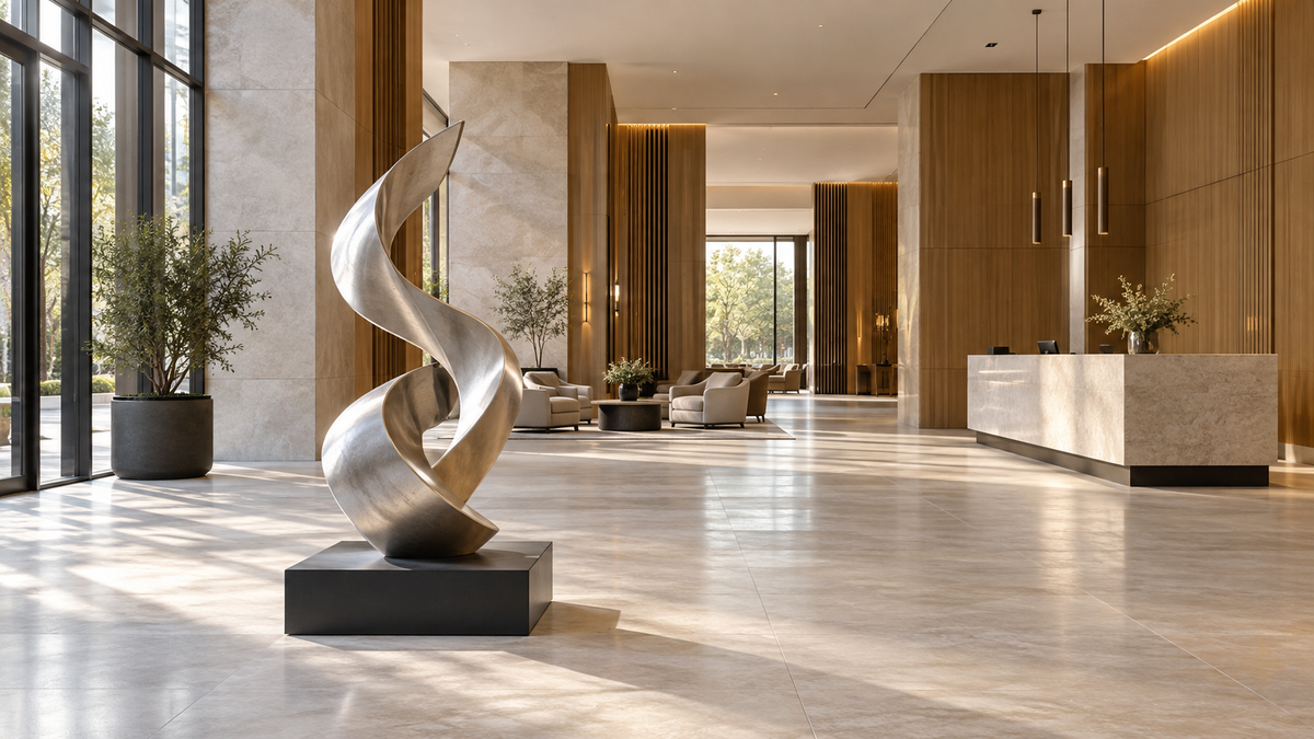 Silver-colored curved abstract sculpture on a low dark plinth in a hotel lobby with reception and lounge seating.