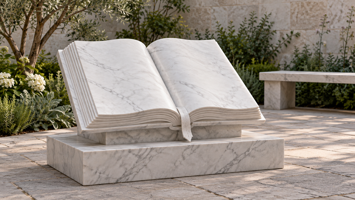 White open-book sculpture with gray veining and a ribbon detail on a rectangular base in a garden alcove.