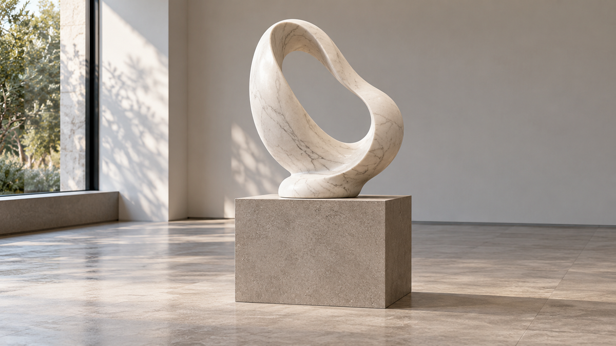 White veined loop sculpture with a broad foot centered on a separate rectangular gray pedestal.