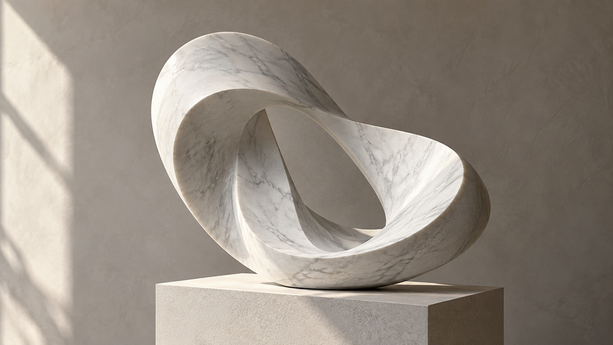White curved abstract sculpture with gray veining and an open center on a pale pedestal.