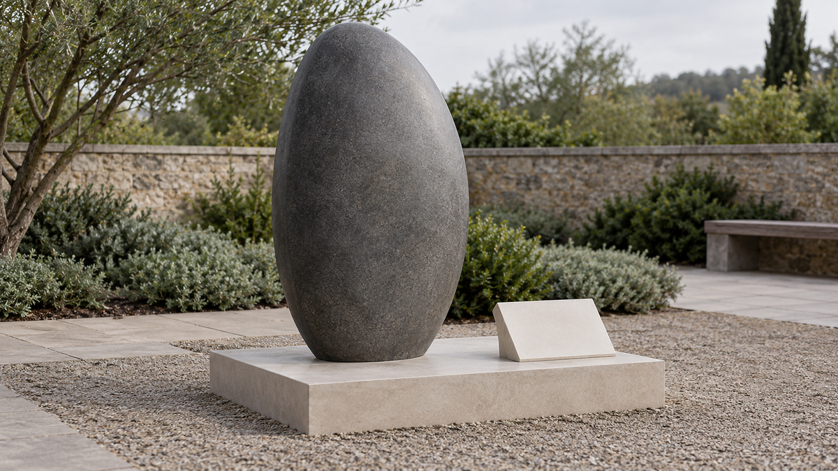 Dark gray upright oval sculpture and a blank pale panel on a low rectangular plinth in a planted courtyard.