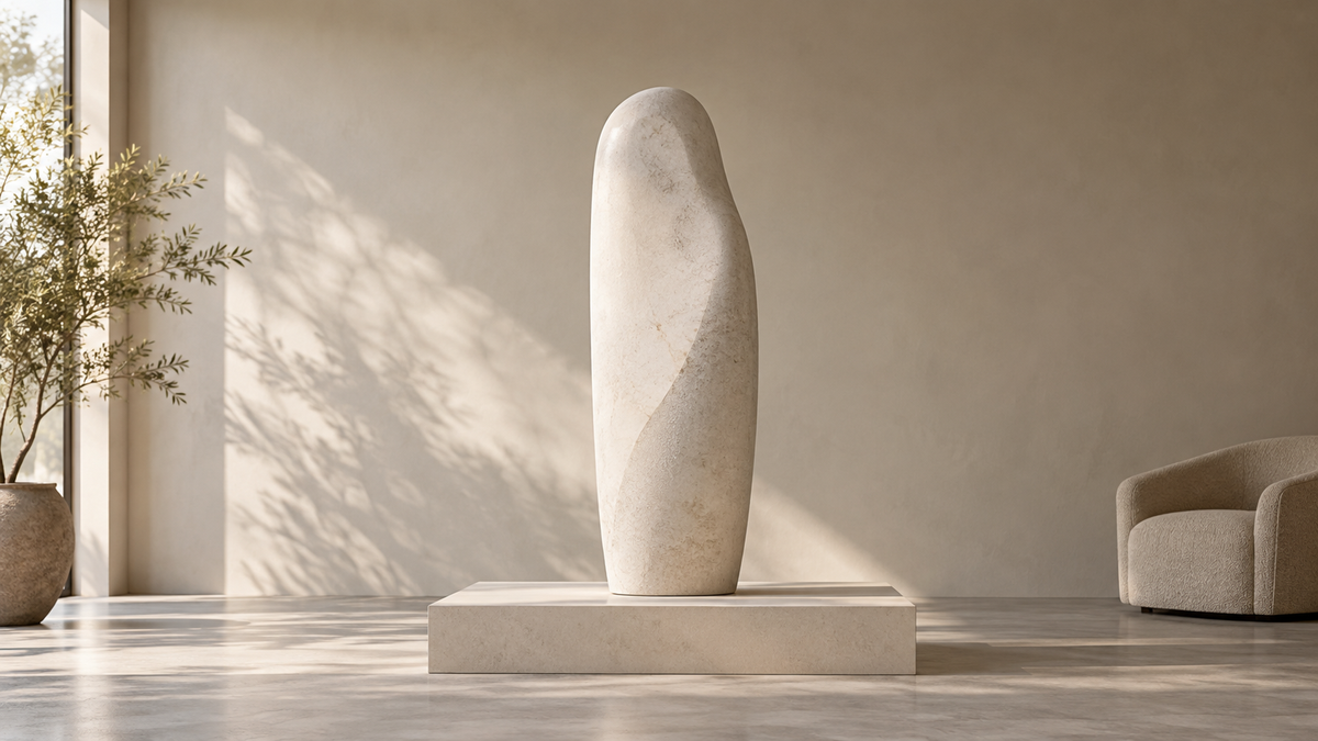 Simple pale rounded sculpture on a low rectangular plinth against a quiet wall beside a cream chair.