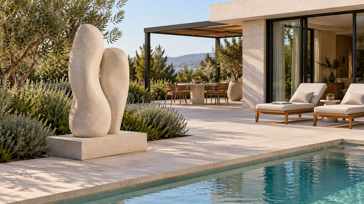 Two pale rounded upright sculptural forms on a low rectangular plinth beside a pool, with loungers and a shaded dining area behind them.