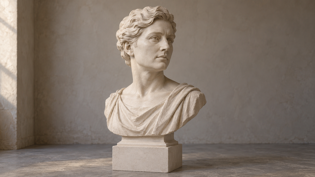 Pale portrait bust with wavy hair and a draped chest on a square base against a neutral wall.