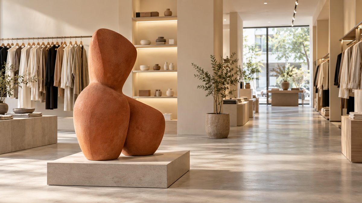 Terracotta-colored rounded abstract sculpture on a low rectangular plinth in a retail interior with clothing rails, shelves, and an open aisle.