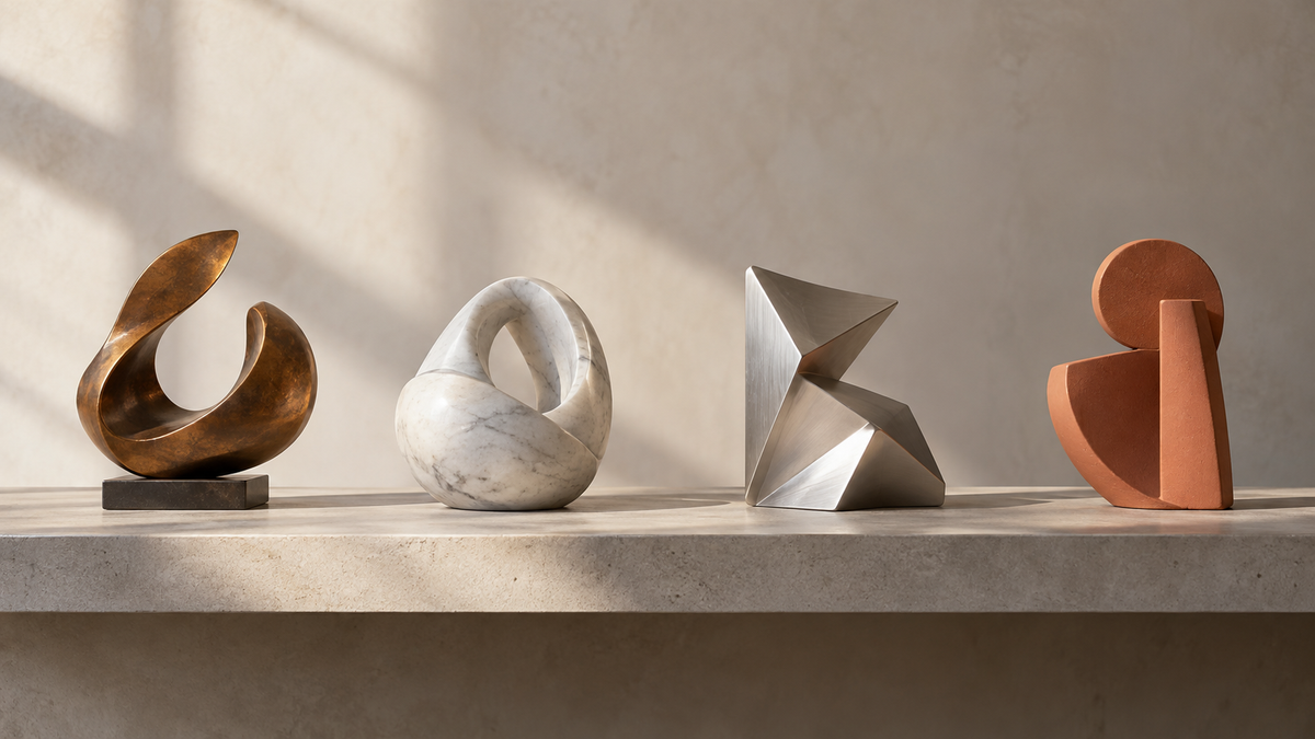 Four abstract forms with brown, pale veined, silver-colored, and terracotta-colored surfaces on a shelf.