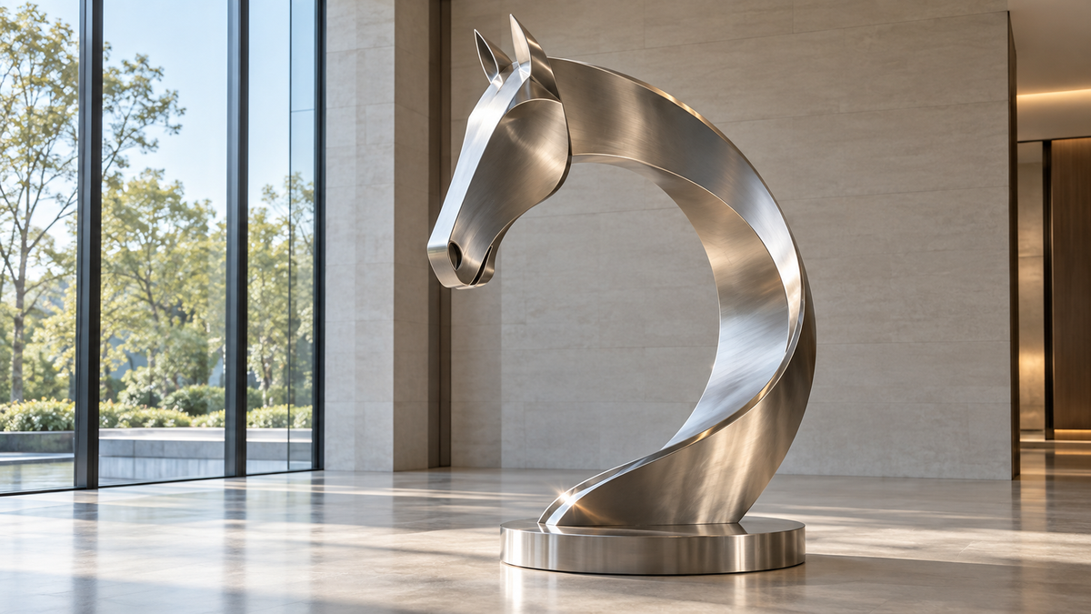 Silver-colored abstract horse head with a curved open neck and circular base in a bright interior.