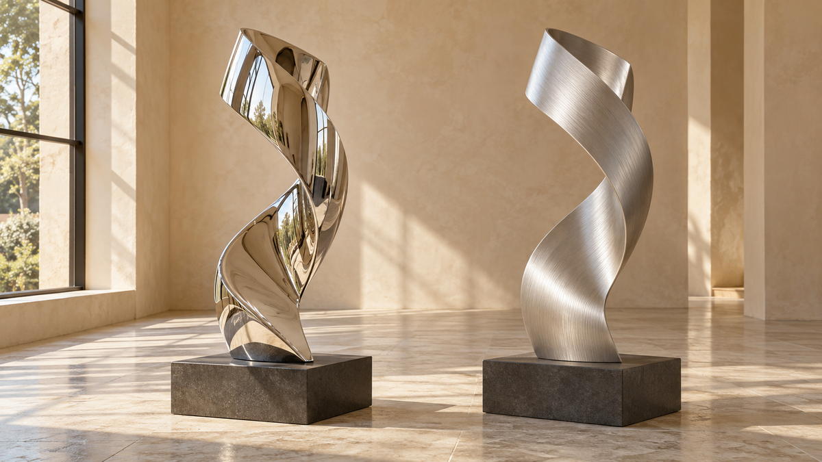 Two twisted upright sculptures on dark plinths, one with sharp reflections and one with fine directional texture.
