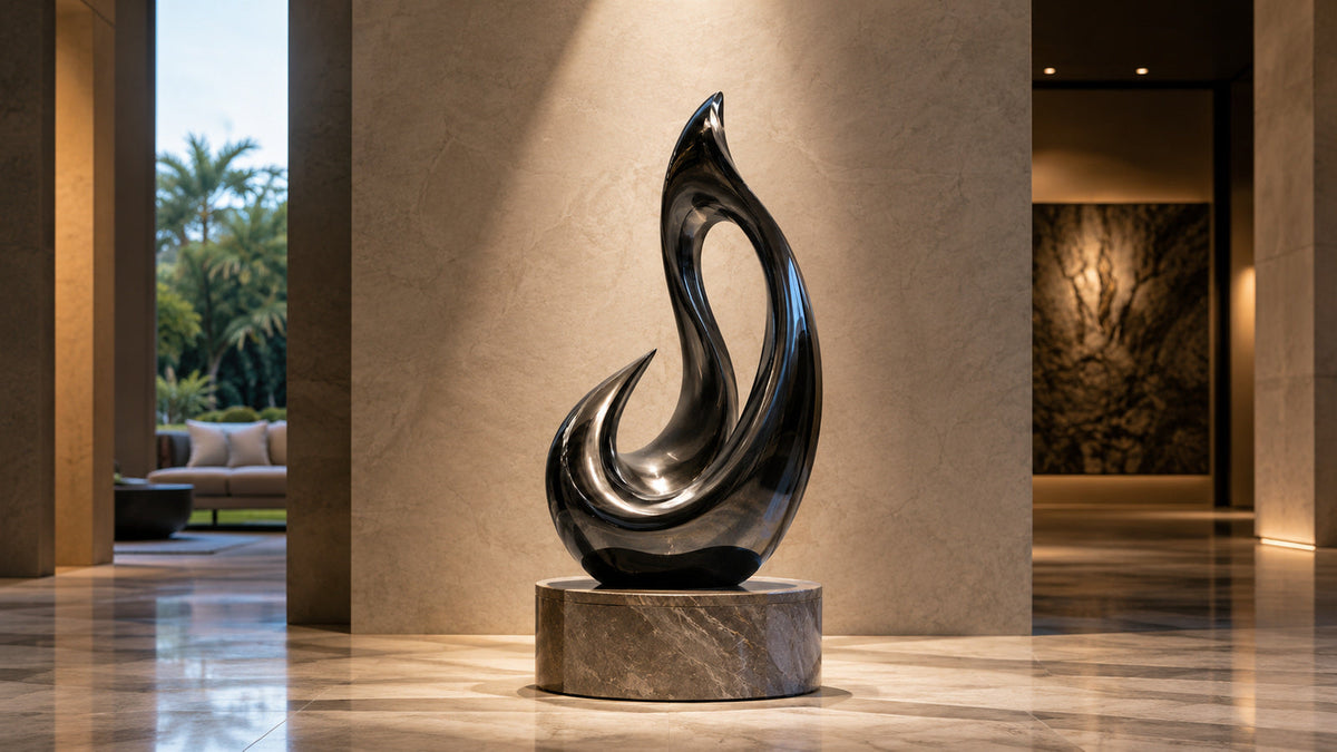 Glossy black abstract sculpture with flowing curves on a round stone pedestal.