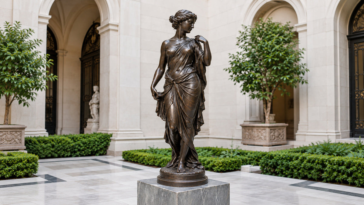 Classical bronze woman sculpture in draped clothing on a pedestal in a stone courtyard.