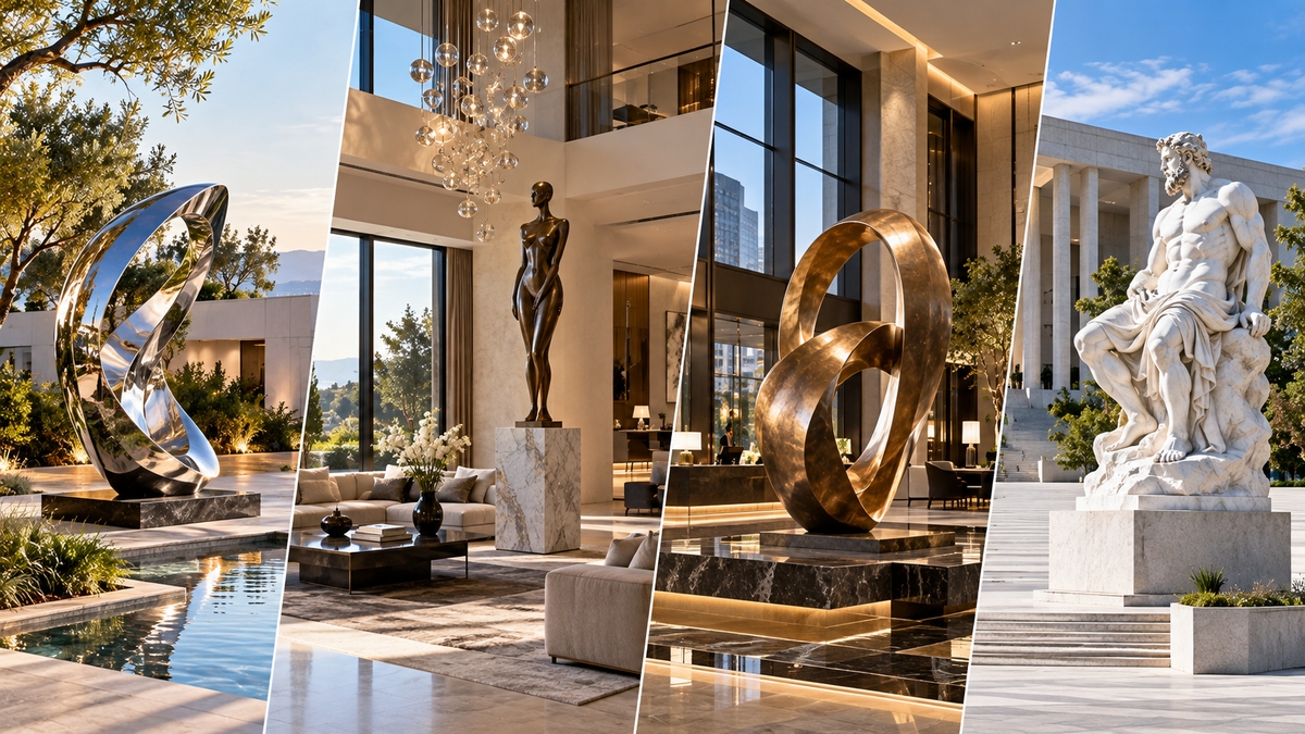 Custom sculptures displayed in four settings: a luxury outdoor garden, residential interior, commercial lobby, and public plaza.