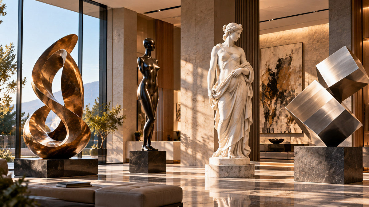 Luxury sculpture gallery featuring abstract bronze, contemporary figurative, classical marble, and modern geometric metal sculptures.