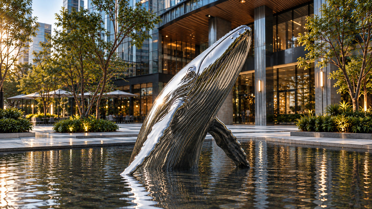 Mirror-polished stainless steel whale sculpture in a reflecting pool outside a modern commercial building.