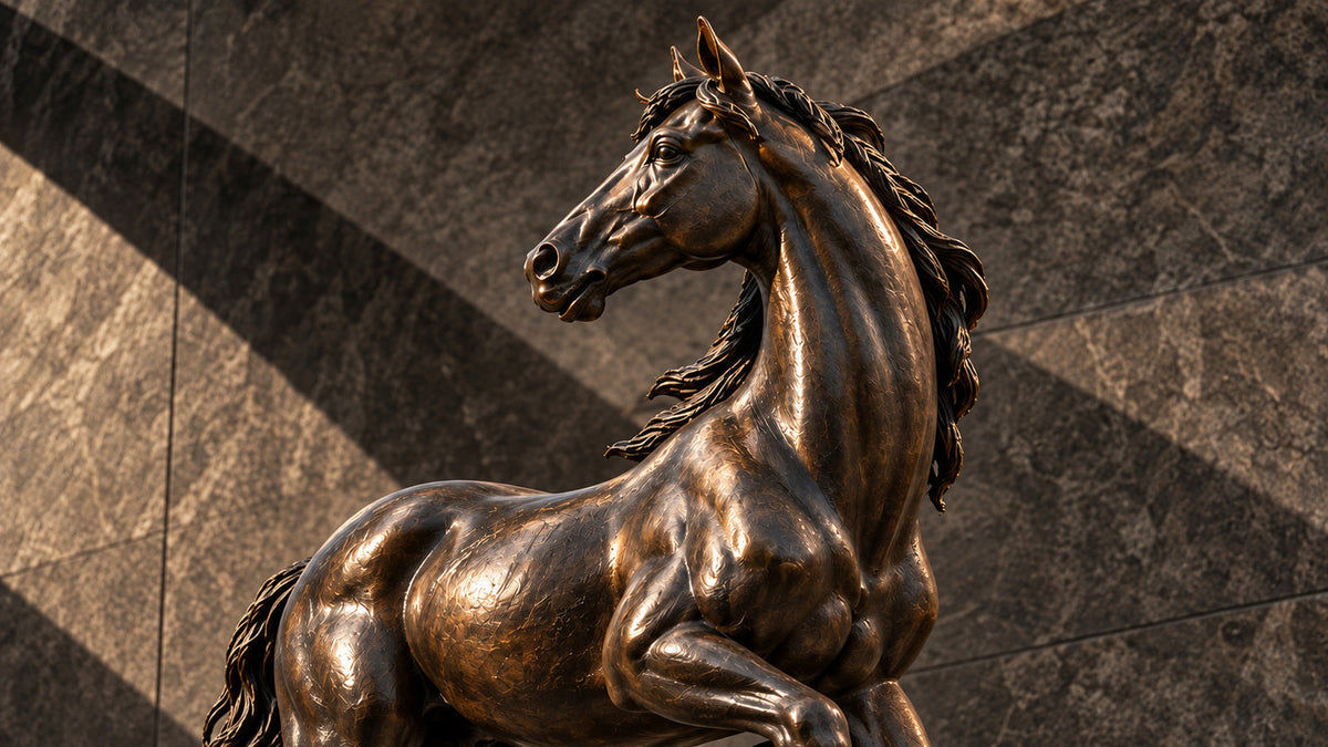 Close view of a bronze horse sculpture with a flowing mane against a dark stone wall.