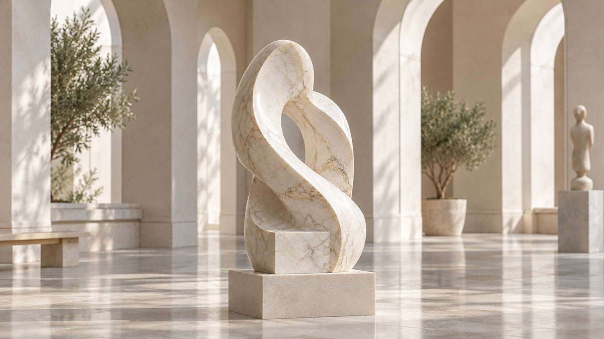 White marble abstract sculpture with flowing curves on a stone pedestal in a bright gallery.