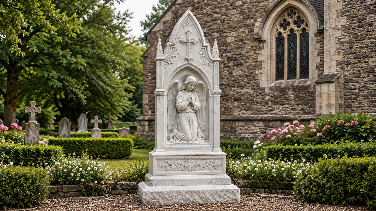 Stone memorial with an angel relief and cross in a garden beside a stone church.