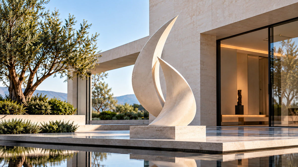 Minimalist ivory stone sculpture with tapered curved forms beside a reflecting pool in a modern courtyard.
