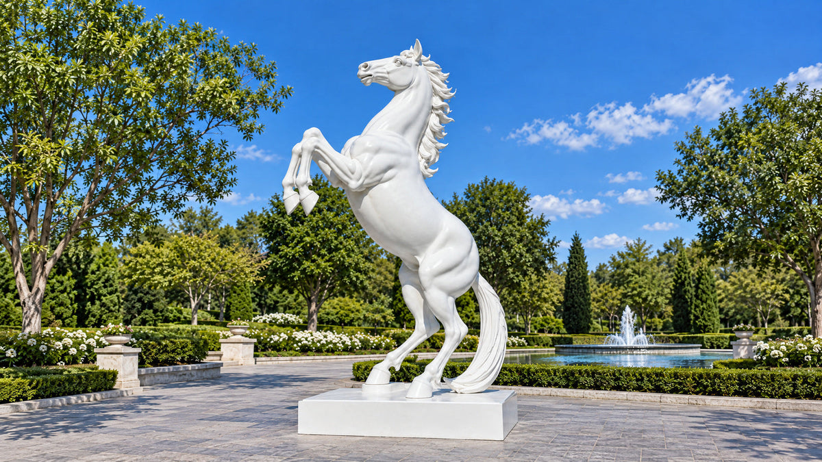 White marble rearing horse sculpture displayed in a formal landscaped garden.