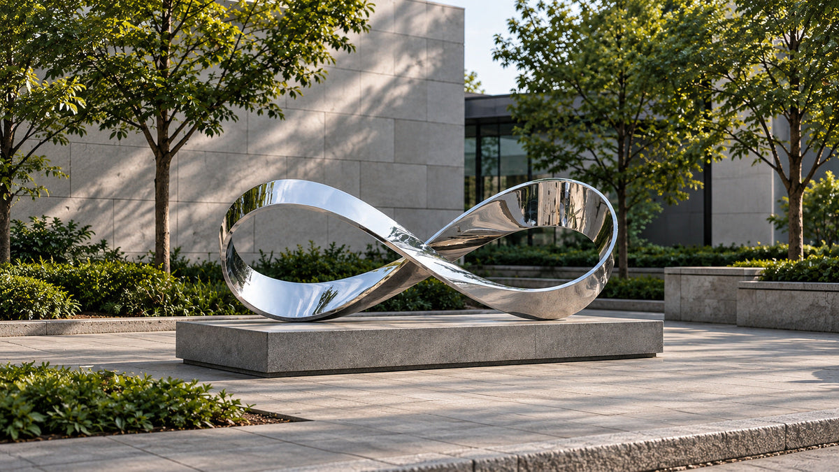 Mirror-polished infinity sculpture on a stone base in a landscaped modern courtyard.
