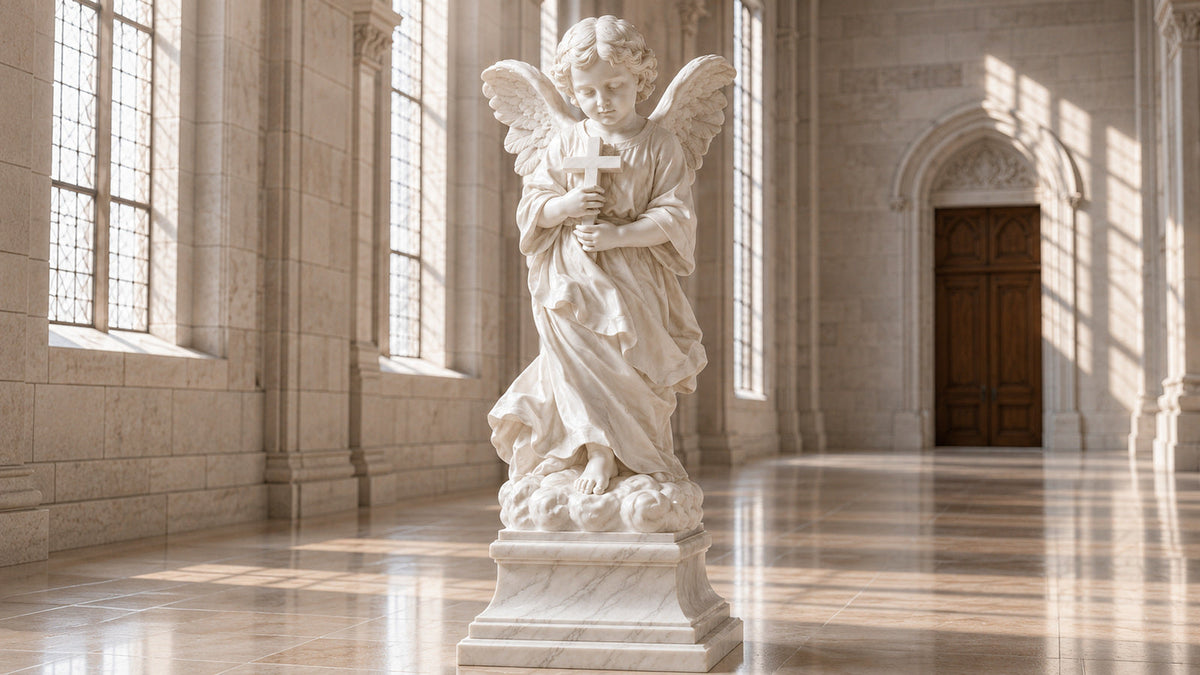 White marble winged angel holding a cross on a pedestal in a classical interior.