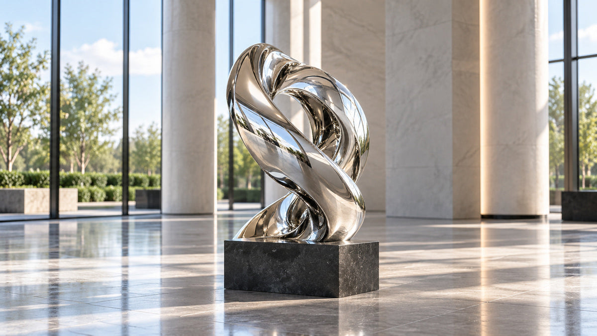 Mirror-polished stainless steel abstract sculpture with intertwined curves on a pedestal in a modern atrium.