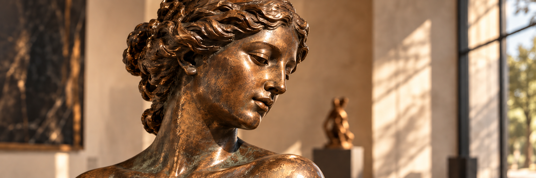 Close-up of a classical bronze woman's face in a sunlit interior.