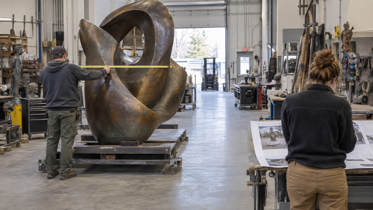 Large abstract metal sculpture and a craftsperson in a sculpture workshop.