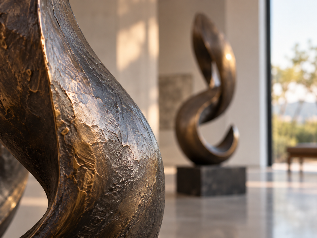 Textured bronze sculpture surfaces shown beside an interior sculpture display.