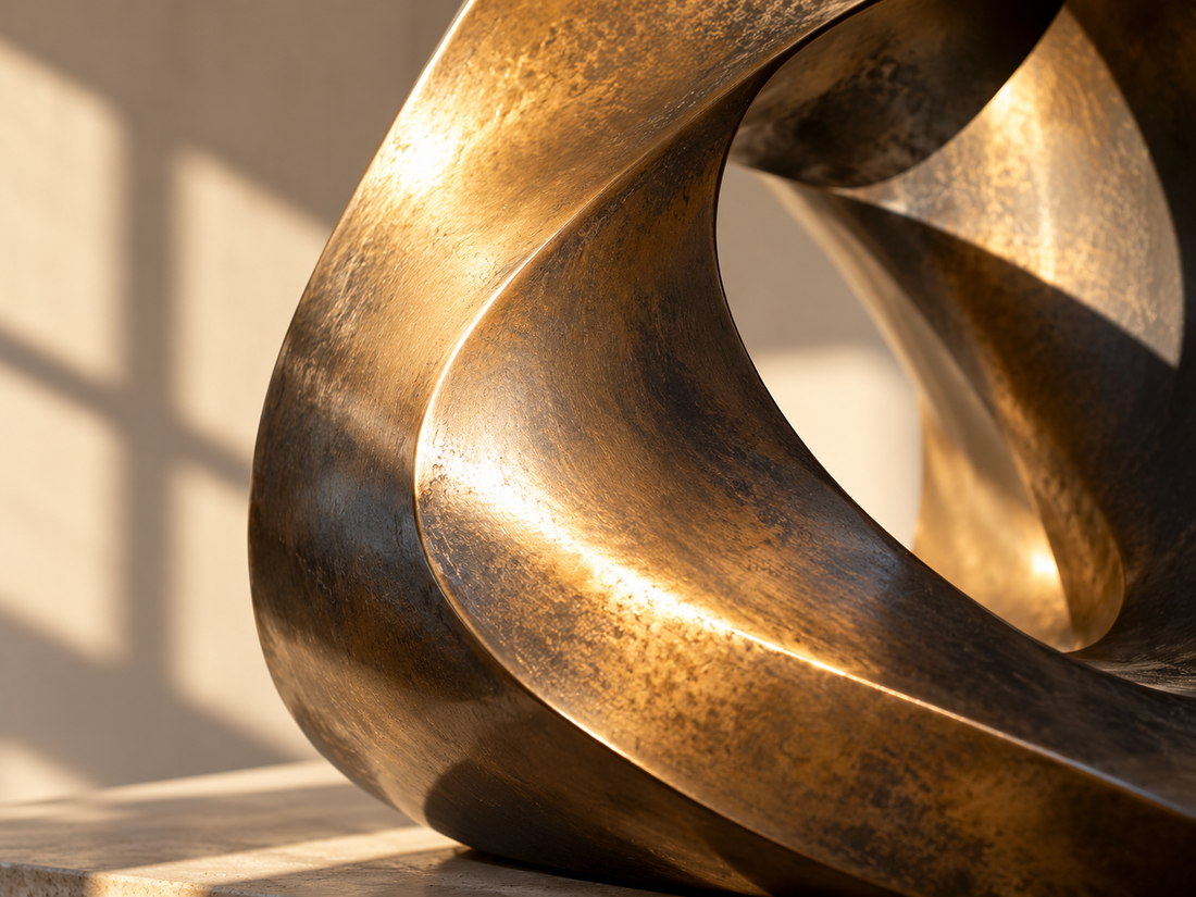 Close-up of overlapping bronze sculpture curves and their polished edges.